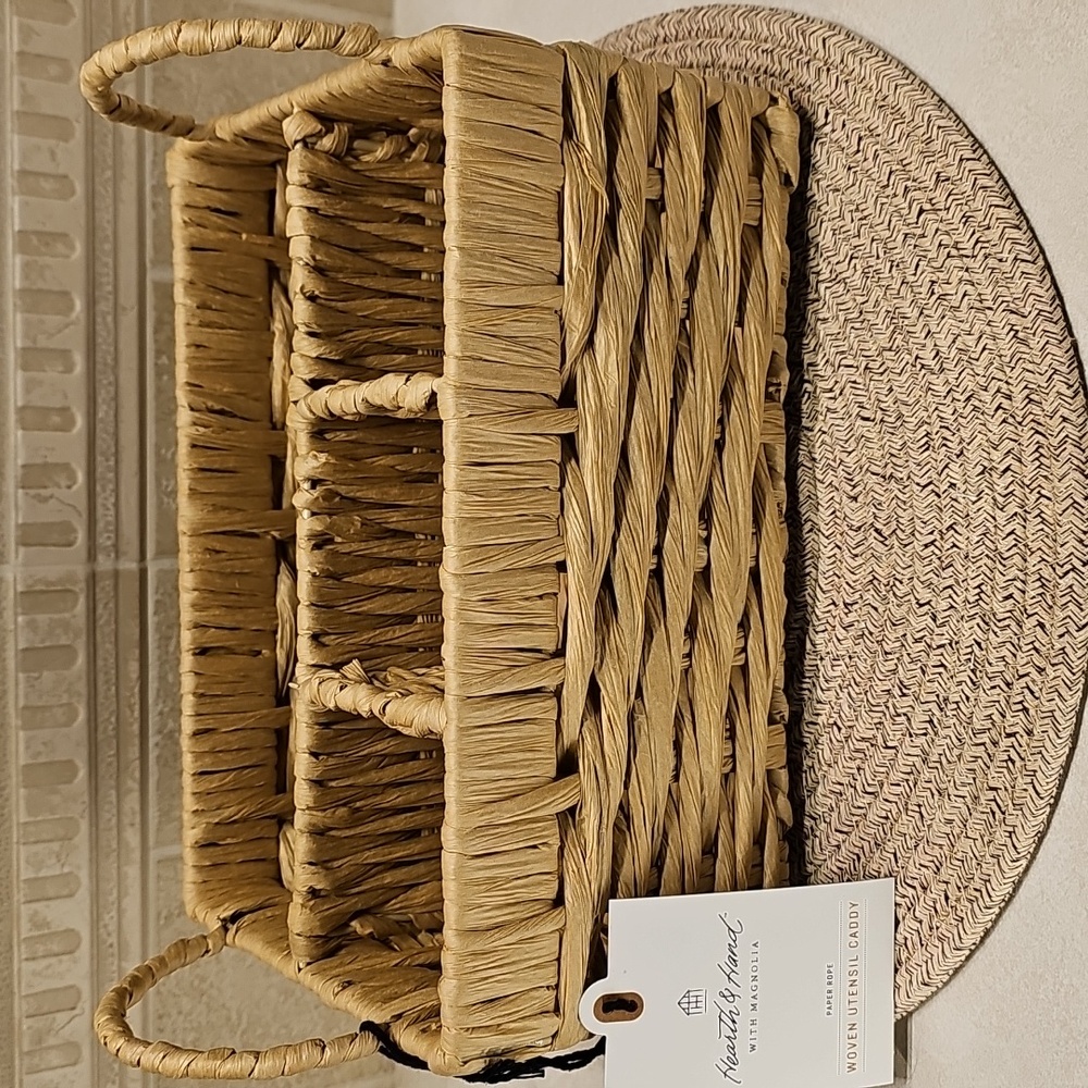 New Hearth & Hand Natural Woven Utensil Organizer Caddy